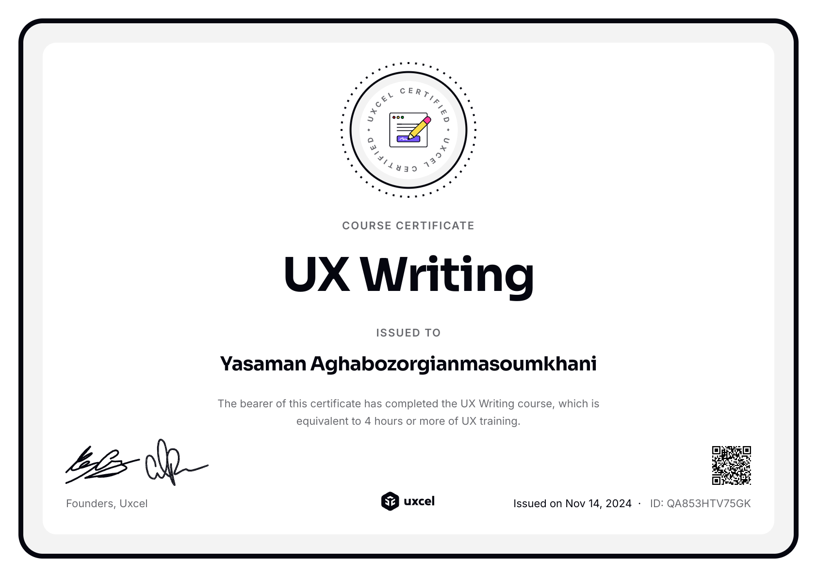 Yasaman Aghabozorgianmasoumkhani's certificate